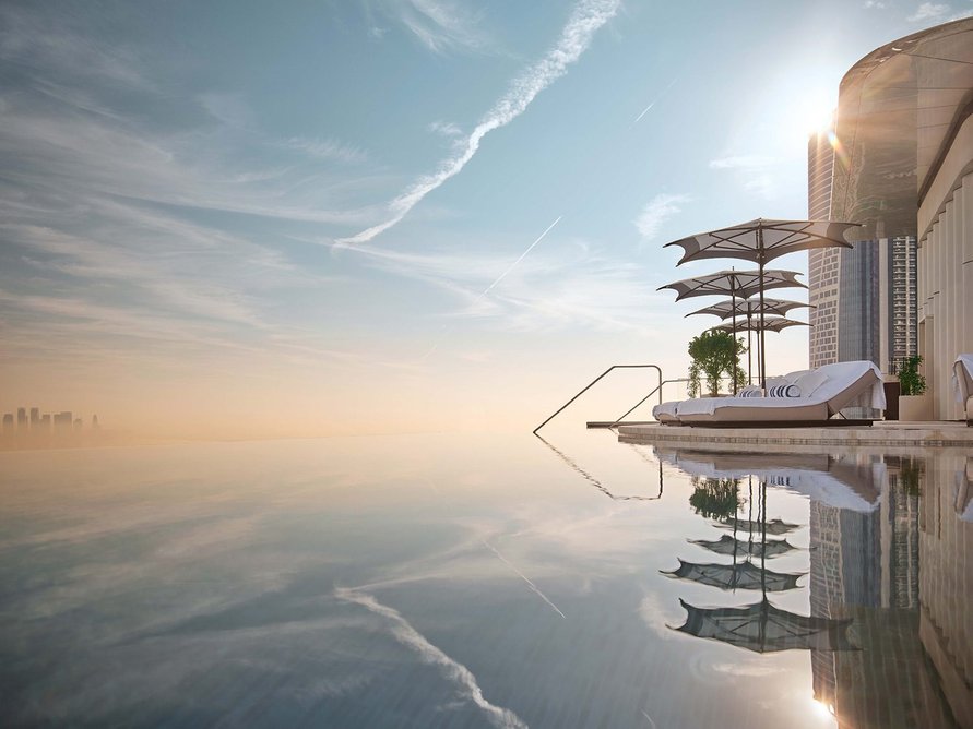 Rooftop infinity pools overlook the city.