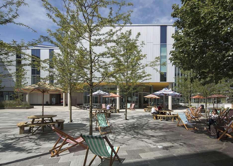 Deck chairs clustered in the sunniest spots in J & L Gibbons' newly relandscaped courtyard at the centre of the faculty