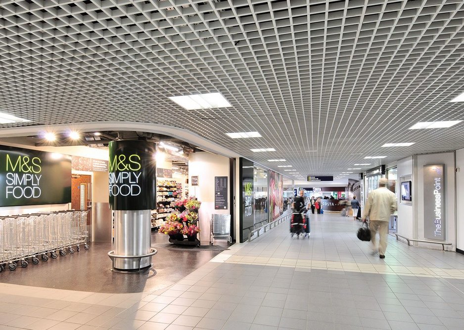 Armstrong open cell Cellio metal ceiling tiles at Birmingham Airport.