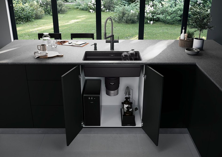 Blanco Choice Icona black matt multifunctional tap with water conditioning unit, Blanco Food Waste Disposer and storage caddy.