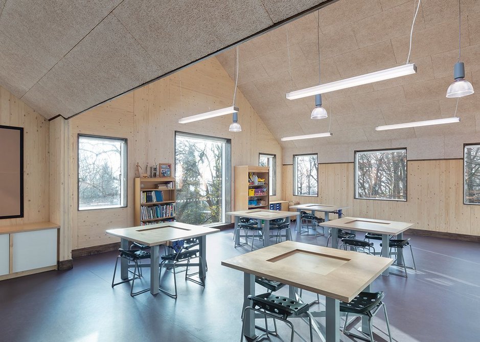 One of the STEAM innovation hub classrooms with specially designed tables.