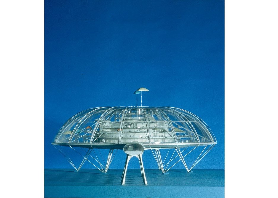 The Climatron, Terry Farrell’s final year design thesis in 1961. Influenced by the teachings of Buckminster Fuller, the scheme was a high-tech enclosed holiday island connected to the base of Blackpool Tower.