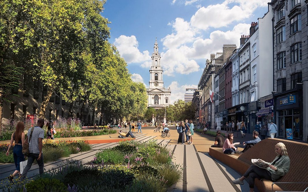 Render showing view through the garden room towards St Mary le Grand, with the planned sculptural bench to the right.