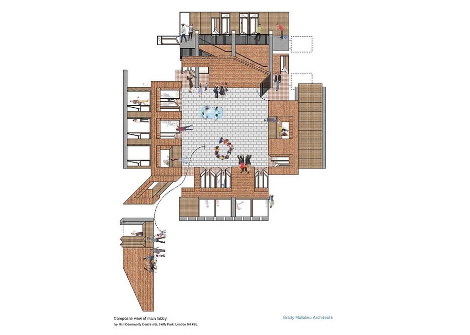 Drawing of the sociable Brickworks community lobby designed in close consultation with the community, Holly Park, 2016.