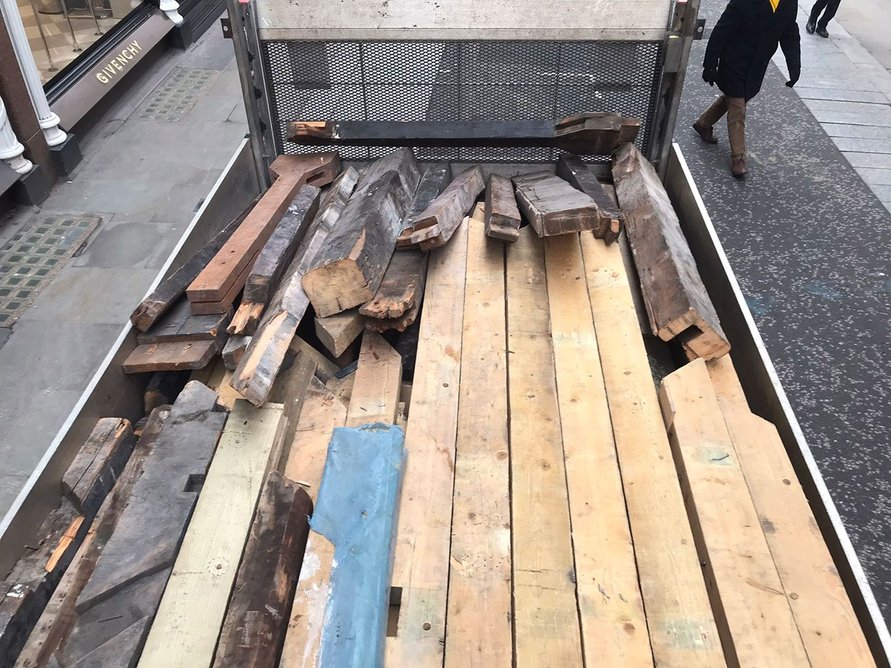 Sourcing old timber for CascadeUp at Albemarle Street in Mayfair, London, 2024.