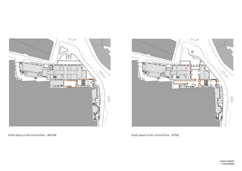 Before and after plan of ground floor public space at the National Portrait Gallery.
