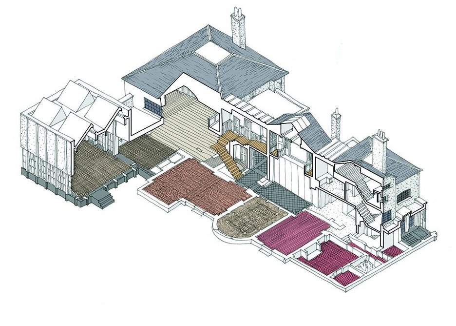 Isometric showing proposals to bring Thorpe Lodge back into use for Holland Park School as an entrance and education space with lettable offices above.