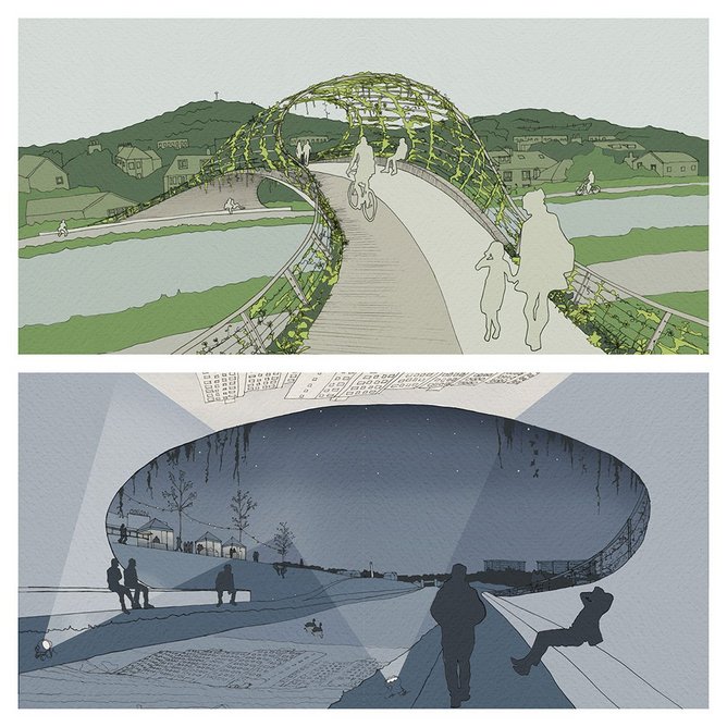 New cycle and pedestrian bridge at Wester Hailes, envisaged by citizens Eoghan Howard and Emily Stevenson with Katie Hay of 7N Architects as part of What if…?/Scotland. Image Courtesy of 7N Architects