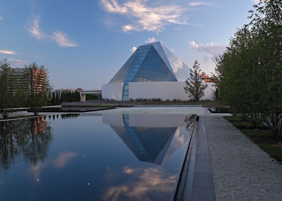 Landmark and beacon for the complex, Correa’s steel and  glass prayer hall in his Ismaili Centre.