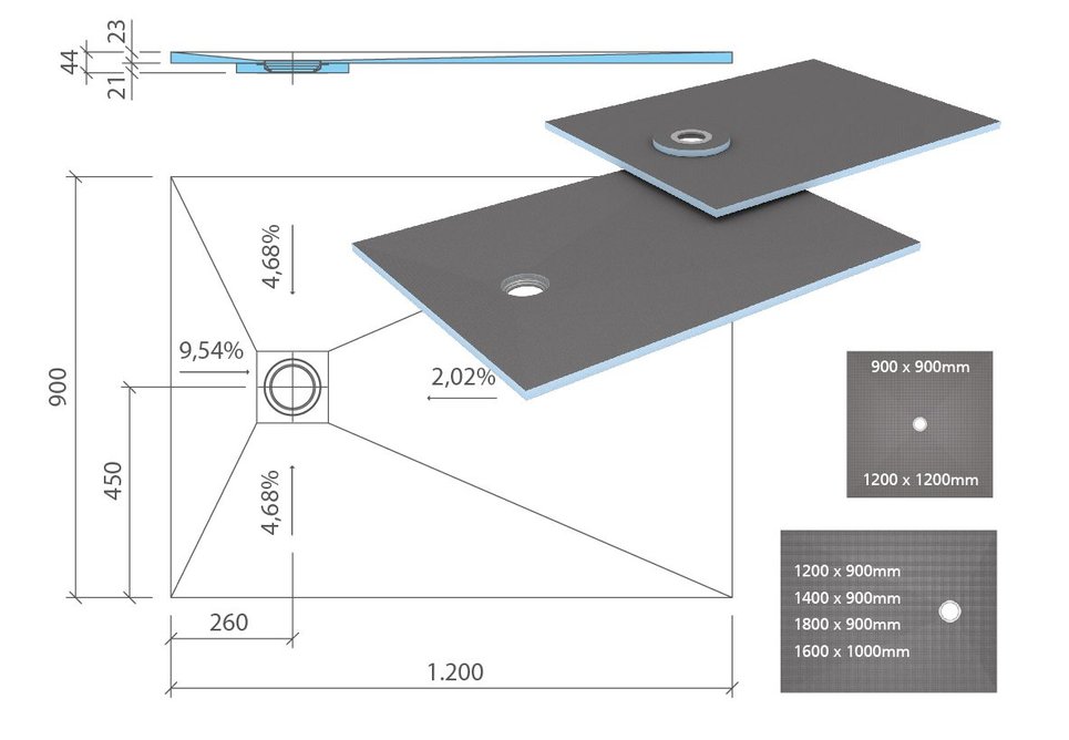 The Fundo Ligno Plus timber solution: Comes with point drainage in a square format with a central drain or in a rectangular format with an end drain. Bespoke sizes are available on request.