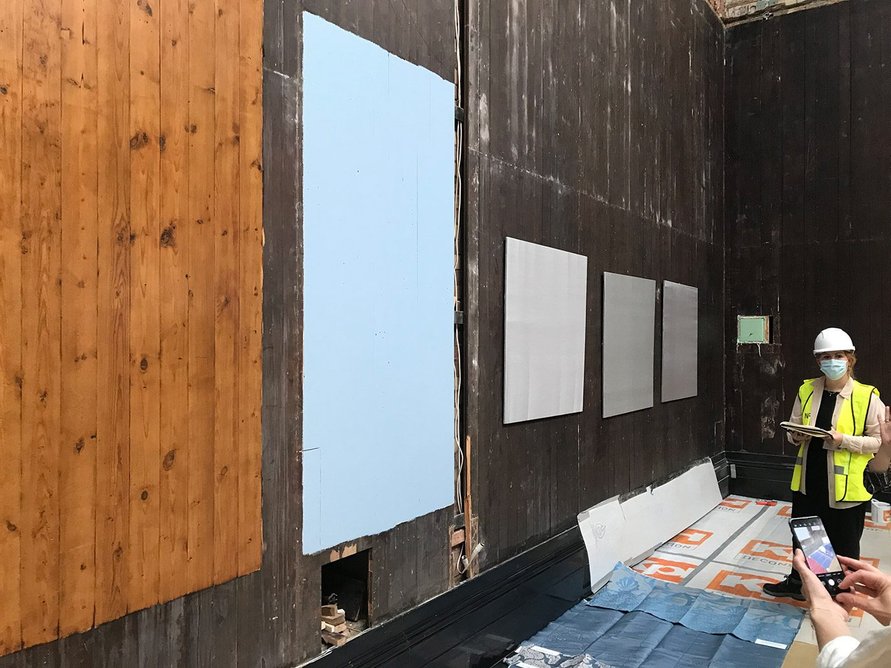 Testing Gainsborough fabric samples and wood stain in situ at the National Portrait Gallery as part of the rejuvenation by Jamie Fobert Architects and Purcell.