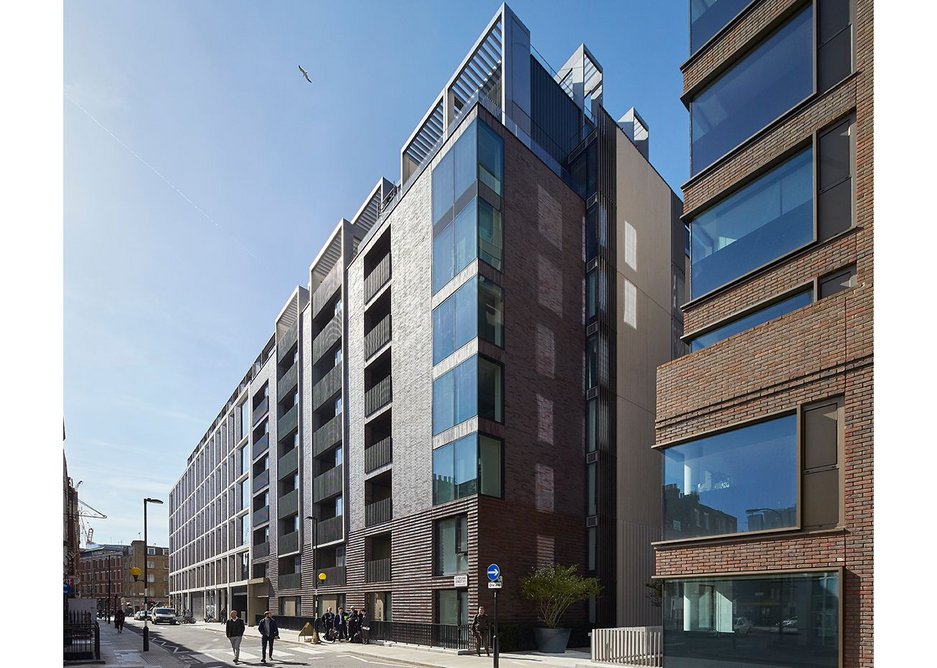 Block of affordable housing between Estée Lauder offices and the loading bay with market housing taking the double aspect corner on Cleveland Street.