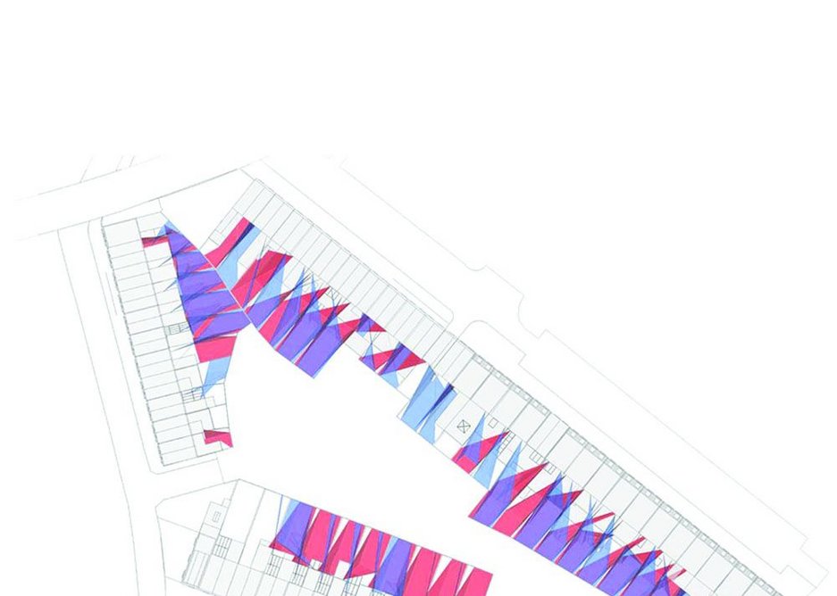 The computer model shows the overlook from neighbouring gardens where red is the neighbour to the left, and blue the neighbour to the right.