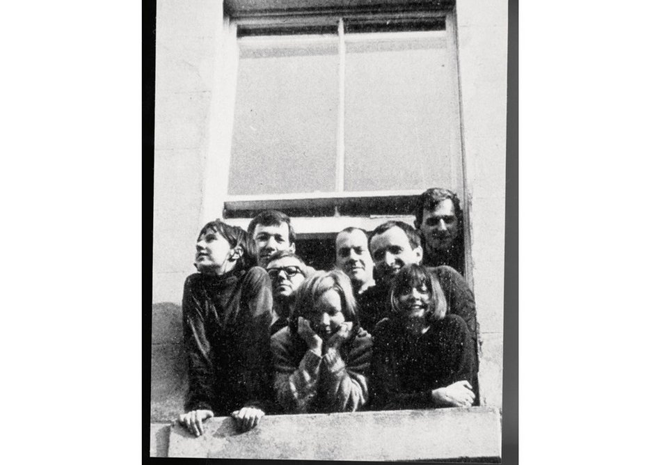 Team 4 looking out of the window of their offices in Hampstead Hill Gardens, 1963/4.