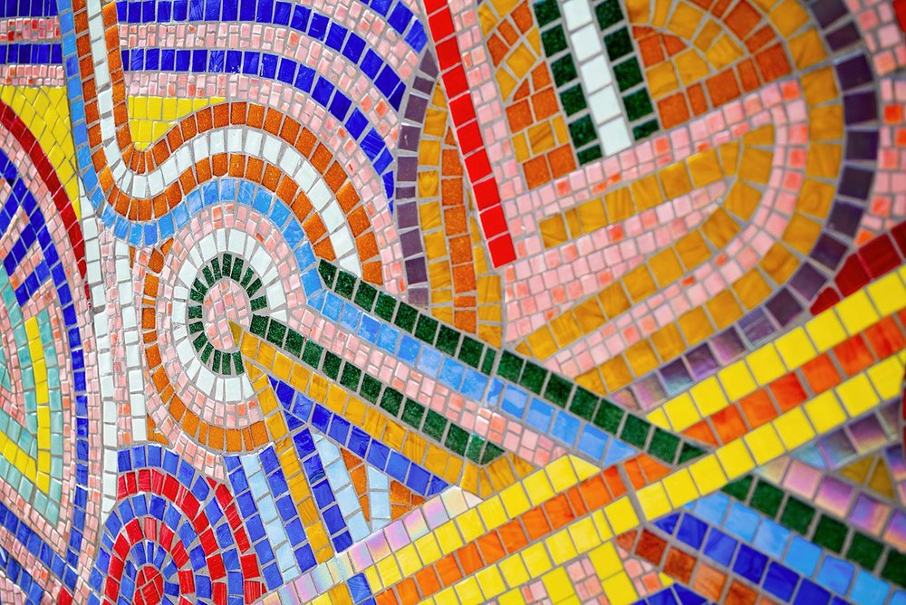 Detail of mosaic, created by volunteers from the London School of Mosaics.