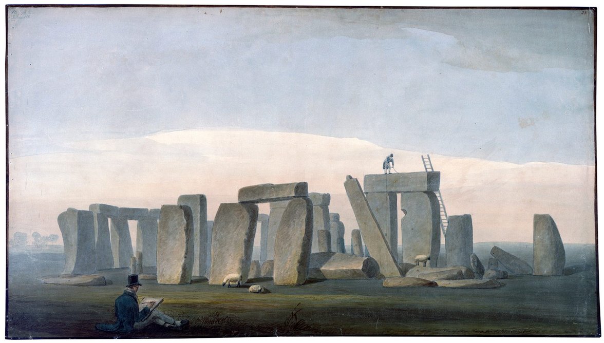 Royal Academy lecture drawing of a survey drawing of Stonehenge, 1817, by Henry Parke (Soane office). Parke, who depicts himself in the foreground, was one of three apprentices sent to study the architecture of Wiltshire.