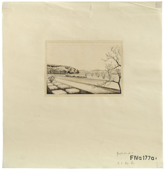 Competition drawings, Kviberg Cemetery Ink, pencil and watercolour on tracing paper mounted on paper, 1927, 37 × 38 cm, Region Västra Götaland and City of Gothenburg Archives.