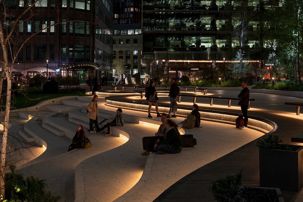 Exchange Square, London, lit by Speirs & Major Light Architecture. Credit: James Newton