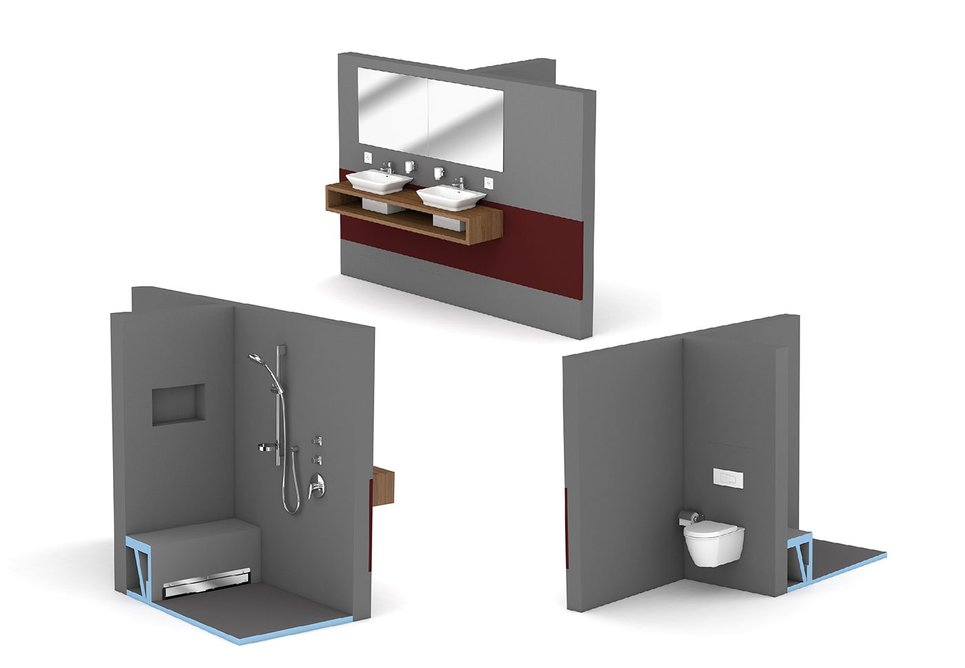 Wedi T-Module: A clever three-sided solution with a shower, toilet and washbasins.