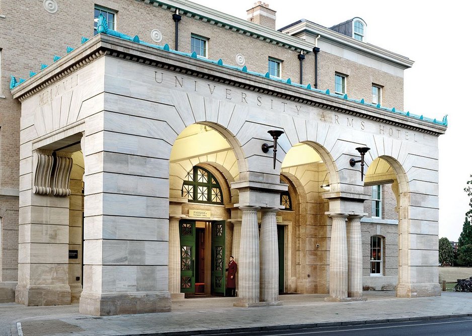 The monumental porte-cochère of  The University Arms, Cambridge, designed by John Simpson Architects.