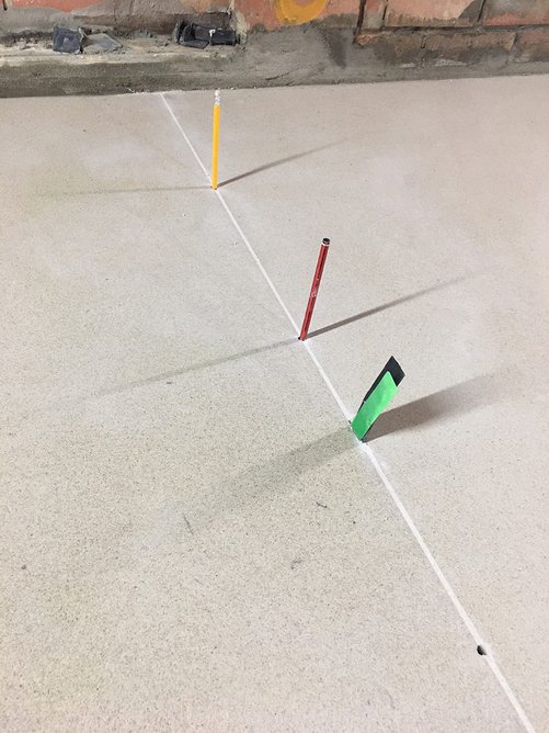 Pencils mark the joints in the stone, photographed by Stephen Witherford during construction of The Courtauld project.