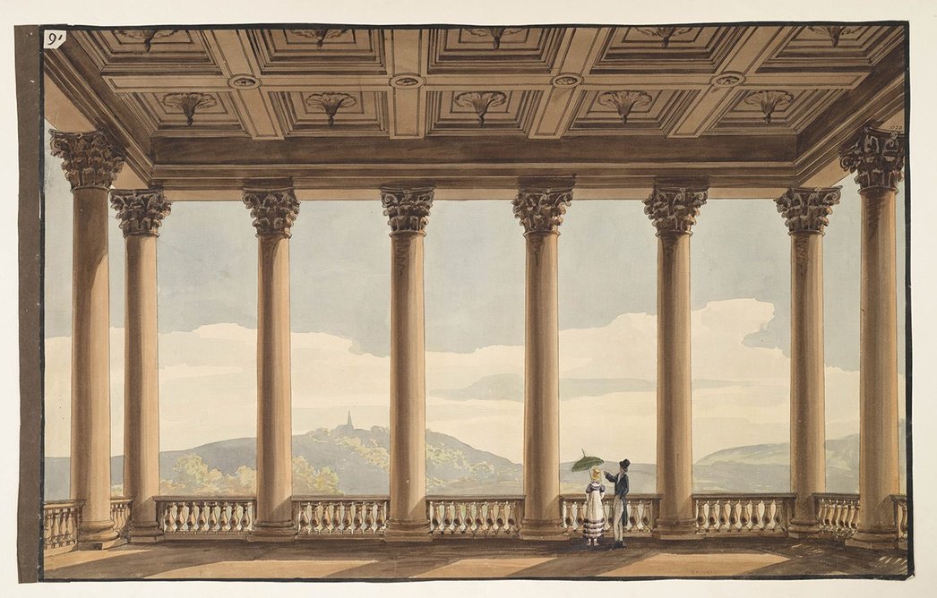 Soane office Royal Academy lecture drawing of the portico at Holkham Hall, Norfolk, 1806-19. The style of the lady’s fashionable attire can be dated to 1815-8.