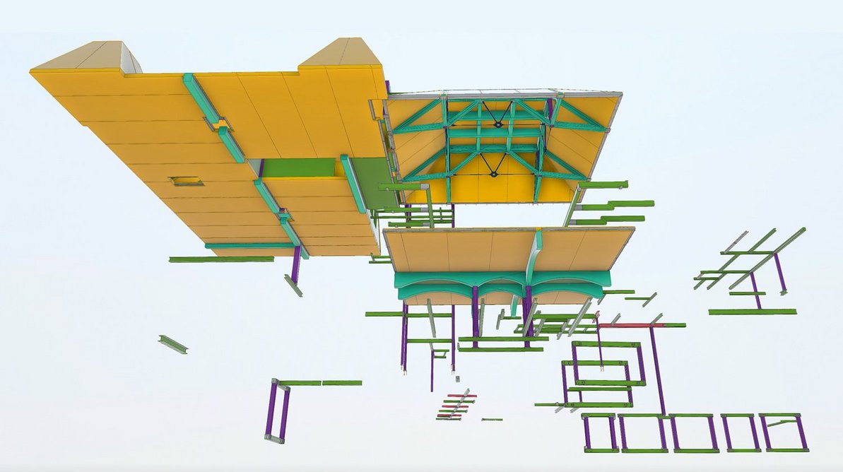 Worm’s eye view of the 3D model shows glulam and CLT elements of timber insertion.