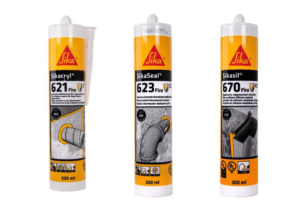 Sikacryl 621 Fire acrylic sealant, SikaSeal 623 Fire intumescent sealant and Sikasil 670 Fire silicone sealant.