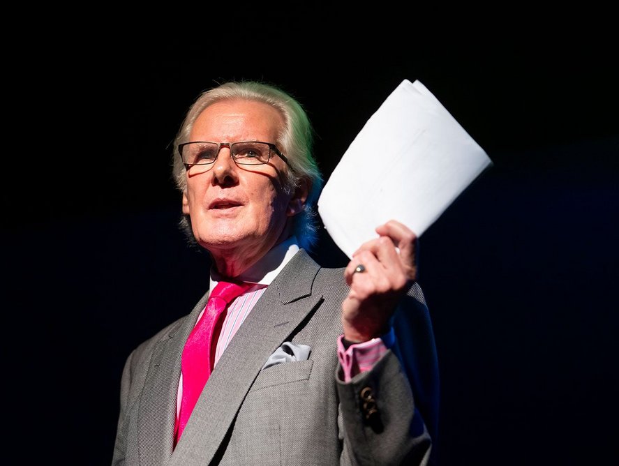 David Robb as Michael Mansfield QC (BSR Group barrister) in Grenfell: Value Engineering – Scenes from the Inquiry, a verbatim play at The Tabernacle. Photo: Tristram Kenton