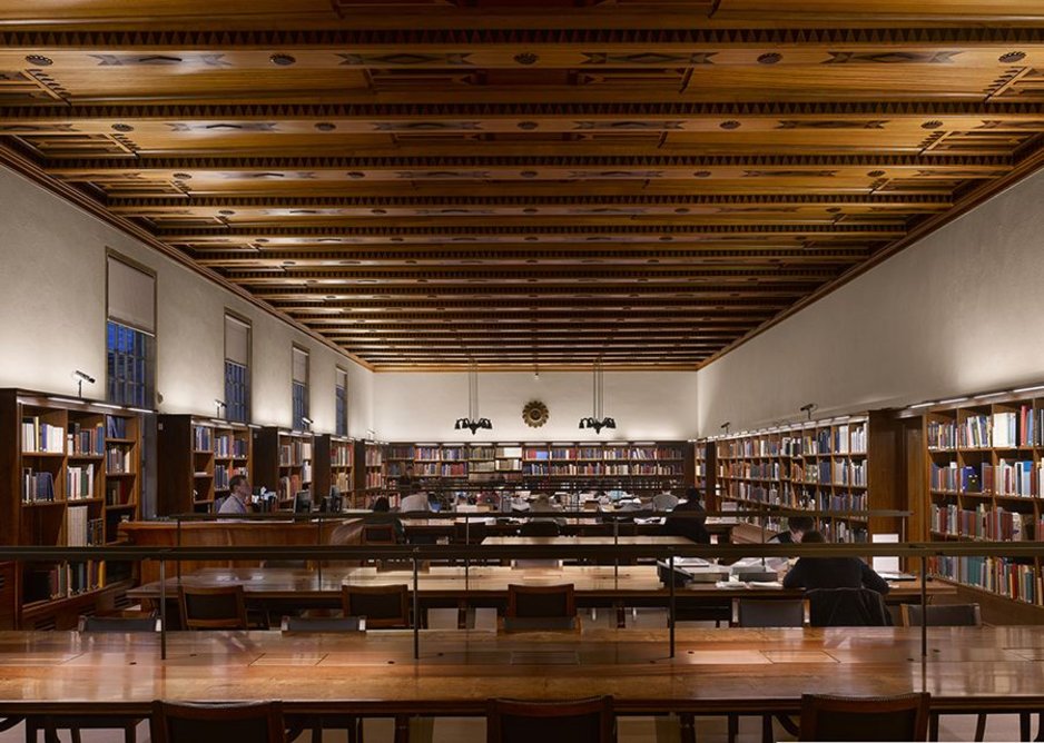 Scott’s strange Art Deco reading room ceiling soffit has been restored and his desks sliced in half, extended and elegantly reassembled.