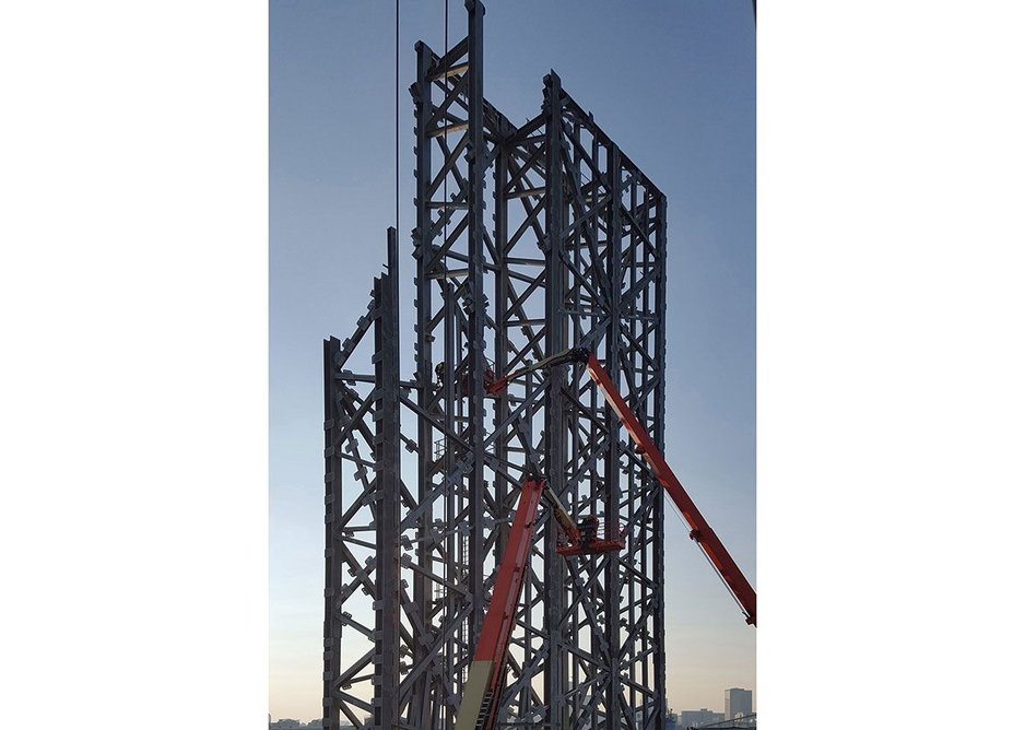 The ladder girders that create the structure for the flue tower during construction.