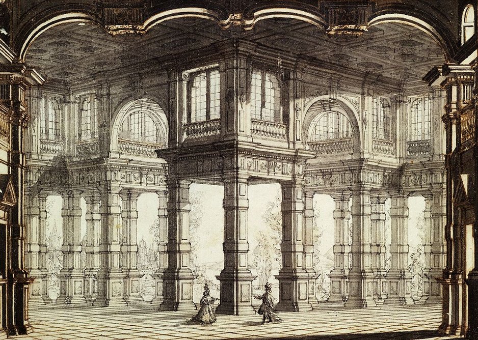 Drawing by or after Galli Bibiena, 1755. Design for stage set of Clemenza di Tito in the Opera House, Lisbon.