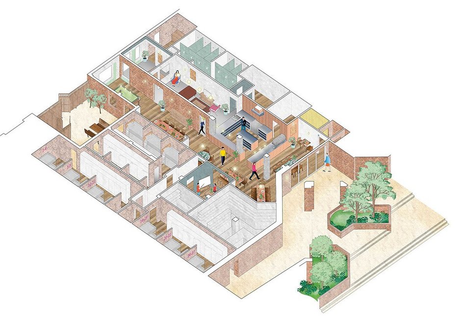 Holland Harvey’s axonometric drawing of the shelter layout – public entrance at the front.