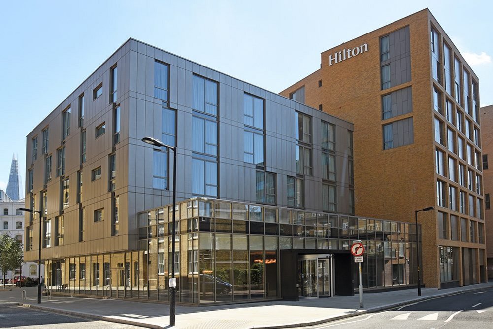 Bailey Platinum modular, interlocking, secret-fix rainscreen cladding at the Hilton London Bankside hotel.