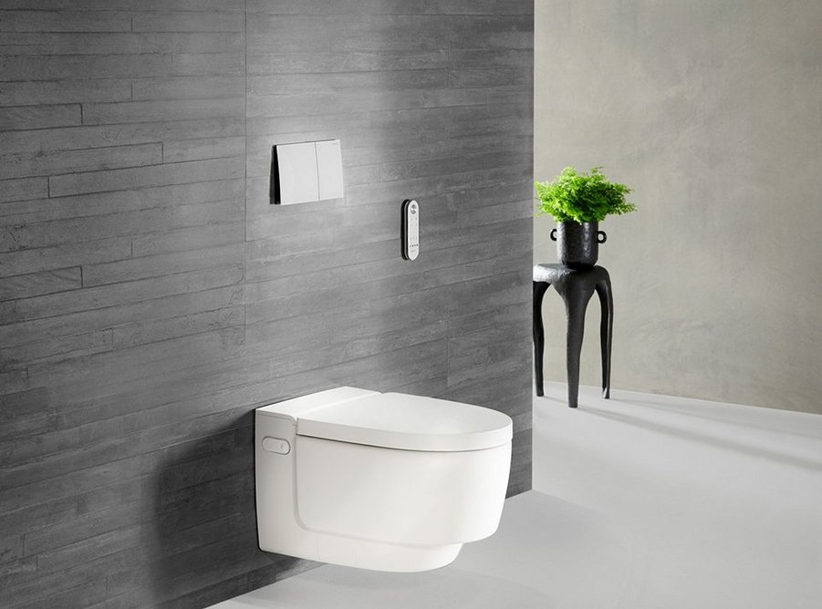 Geberit AquaClean WC with Sigma70 dual flush in Painted Matt White finish with easy-to-clean coating.