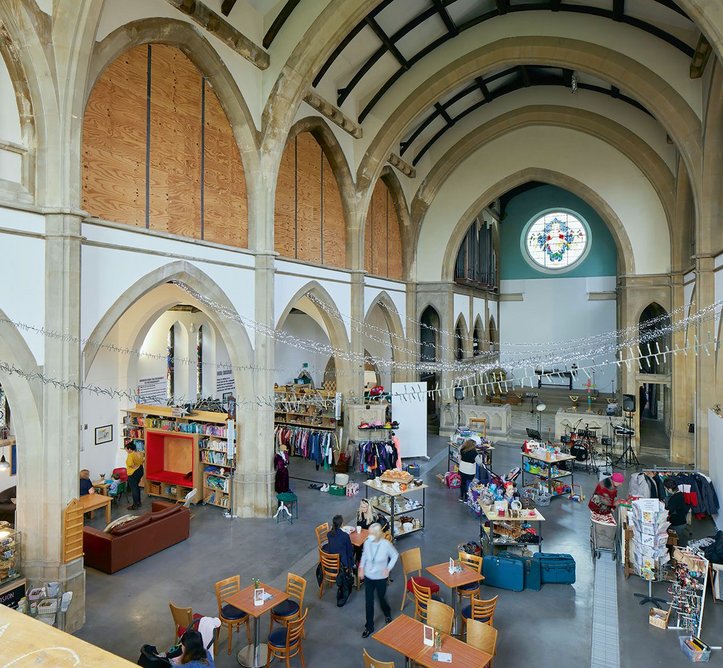 Wide nave and aisle arches suit the new uses. The heated polished concrete floor is a boon.