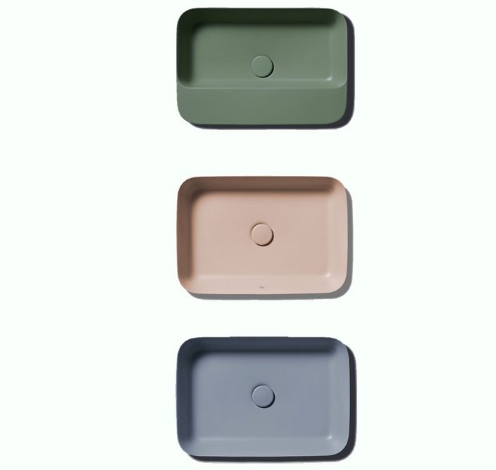 The Ipalyss range, designed by Robin Levien for Ideal Standard, in sage, nude and powder.