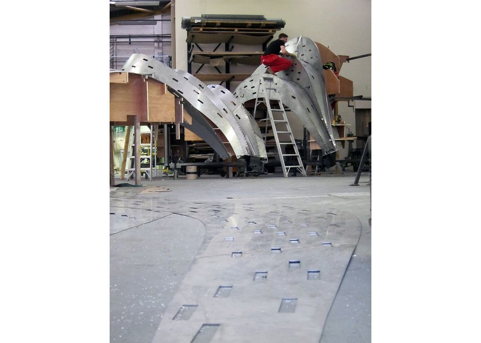 Assembling the now award winning Rain Bow Gate from 3mm thick stainless steel plates. Tonkin Liu