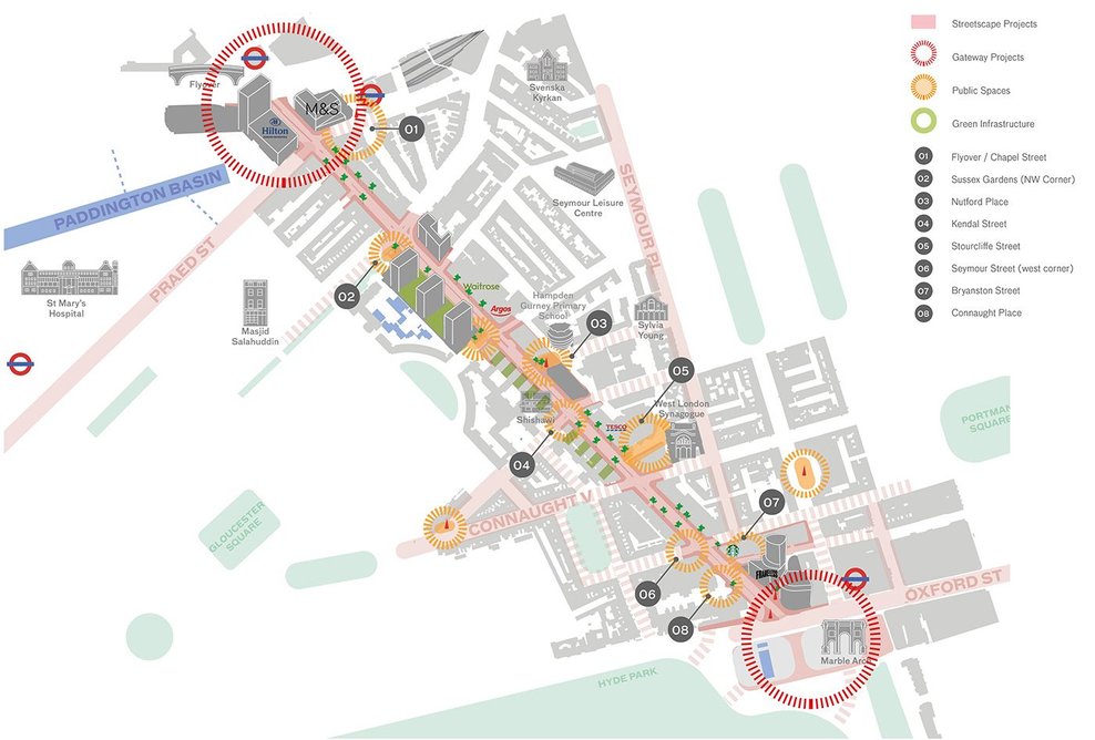 Edgware Road Placemaking: Overview strategy of key focus areas of Environmental, business and economic and community and cultural objectives.