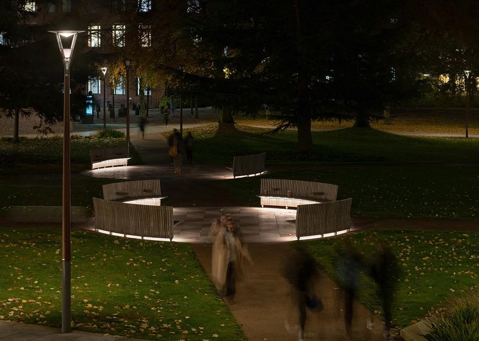 Path intersections are characterised by ‘meeting point’ seating; downlighting emphasises them in the relative darkness around.