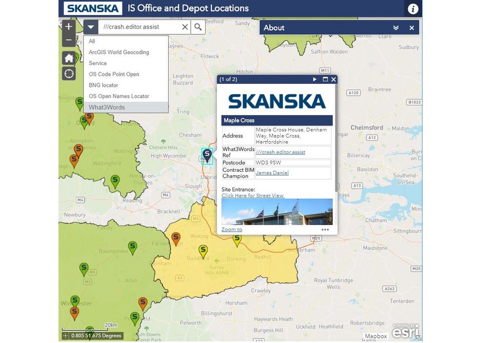 Skanska has integrated What3Word addresses into its GIS tool to give all sites and depots three word addresses