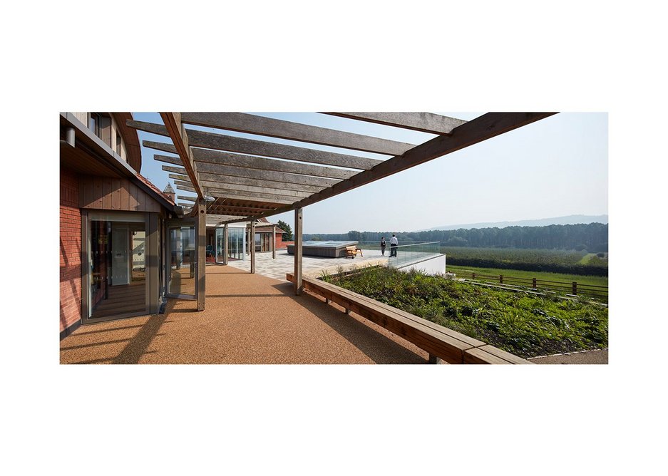 From the refurbished building looking out across the fields of fruit trees.