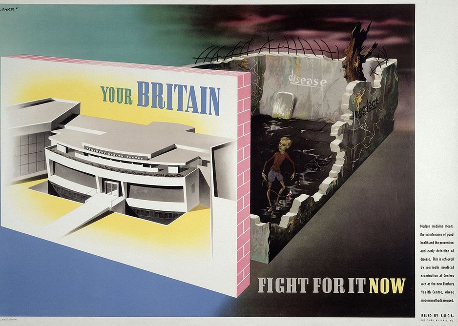 Abram Games, Your Britain: Fight for it now - Medical facilities available at a modern health centre contrasted with ill health in old-fashioned housing, poster, 1942.