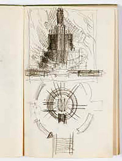 Page from Iofan’s sketchbook. After being named as a prize-winner in the first stage of the Palace of the Soviets competition, Iofan revised his design to take in the instructions from the Communist Party leadership, calling for more height and the incorporation of a figure on the top of the structure