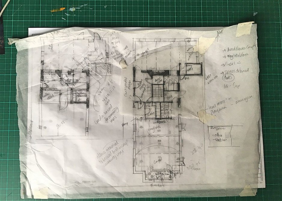 Stead & Co, drawings for the reconfiguration of Sandy Hill Methodist Church in Bradford. The aim is to remodel the church to meet the needs of its tenants – an afterschool club, preschool and the scouts.