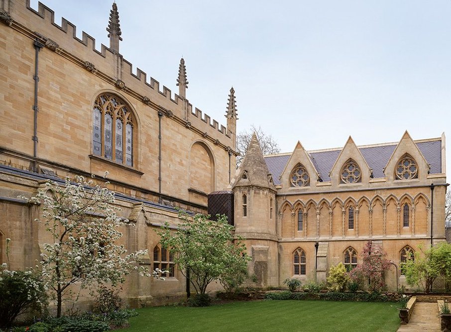 From the Rector’s Garden only the cast-iron-clad lift overrun behind the original stair turret is visible.