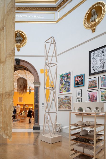 Stone Space Frame, a post-tensioned stone installation by Webb Yates Engineers, in the architecture section of the Royal Academy of Arts Summer Exhibition. Photo: © Agnese Sanvito