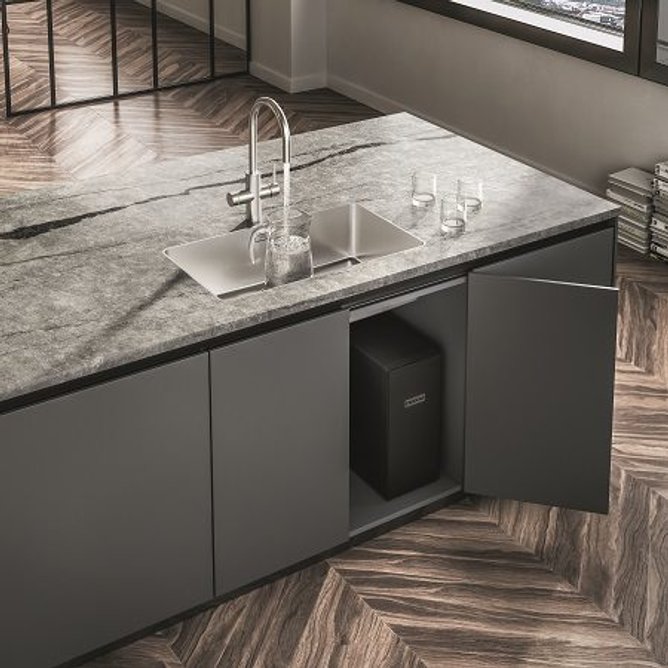 Franke's Mythos Water taps feature a compact one-box system that sits neatly under the sink.
