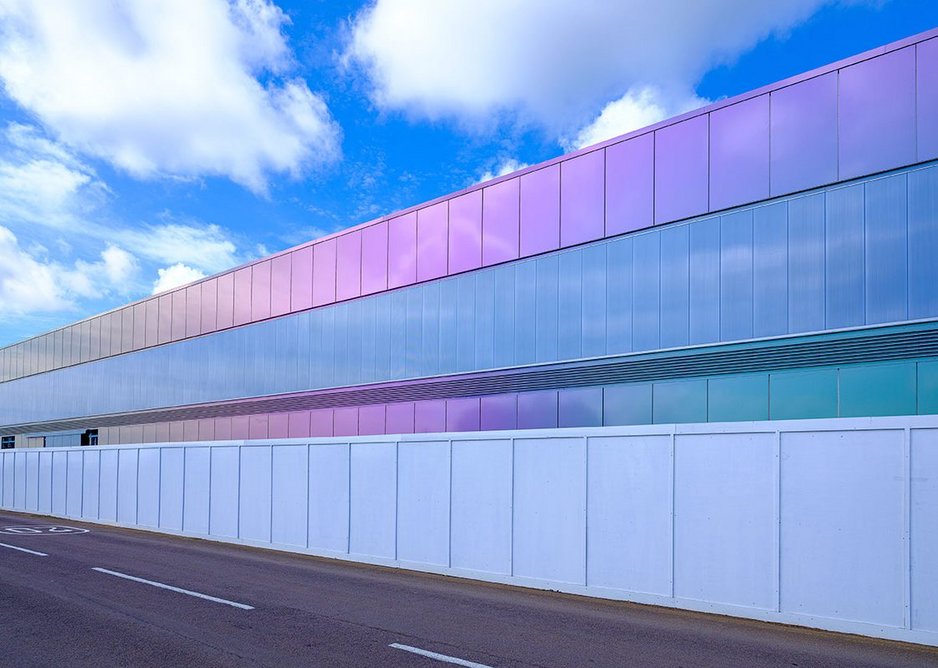 Silverstone Interactive Museum: An iridescent exterior is achieved with PPC aluminium rainscreen panels in Spectra finish.
