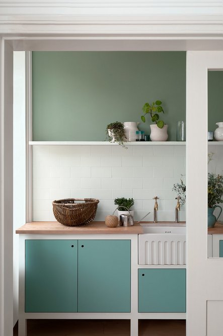 Wall in Salvia; cupboard in Deep Water Green, both Pure Flat Emulsion.